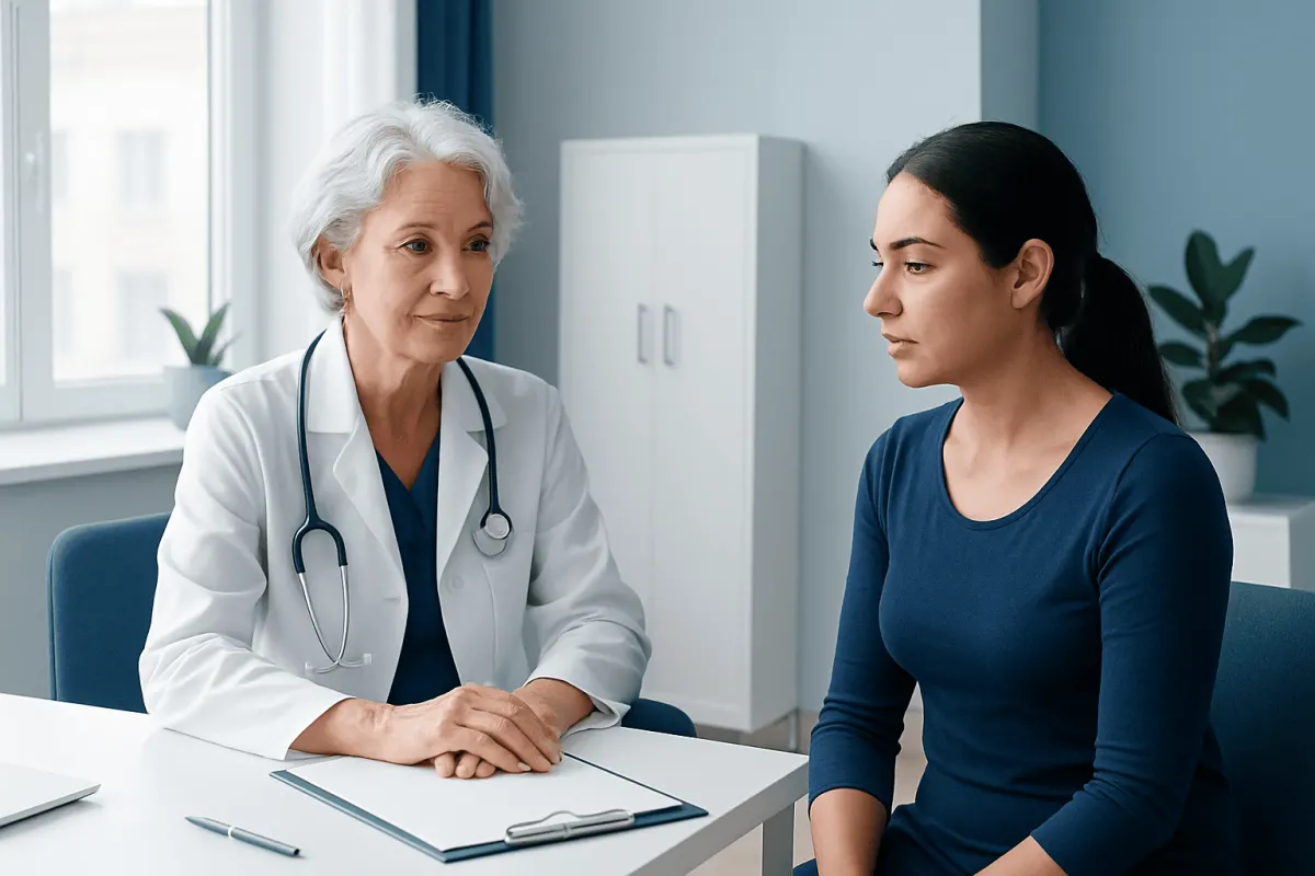 Doctor consulting with a female patient in a medical office.
