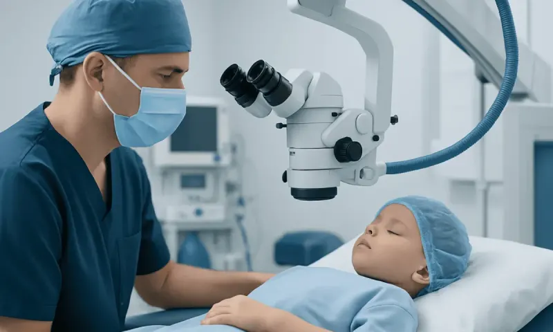 Pediatric surgeon performing cleft palate surgery on a young patient in an operating room.