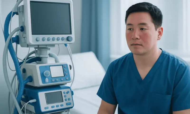 Medical professional in a hospital room with monitoring equipment.