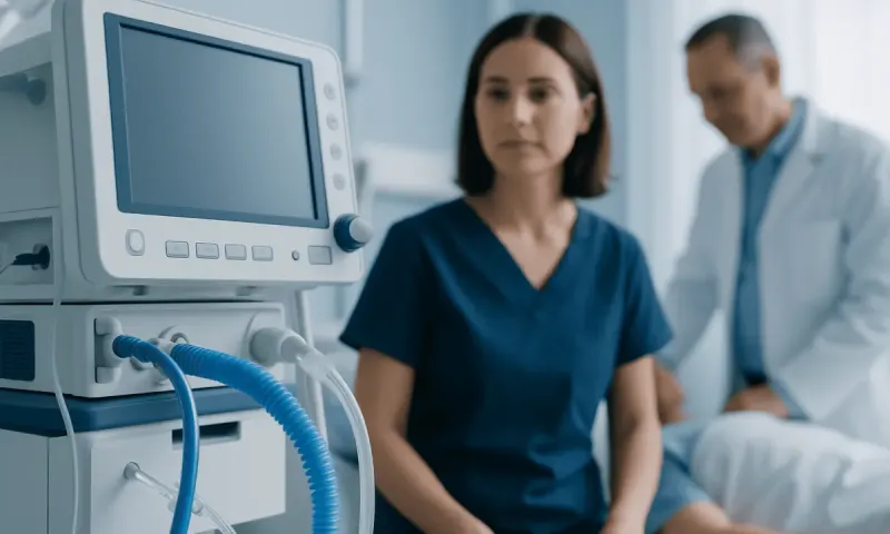 Medical professional and patient in a hospital setting with ventilator equipment.