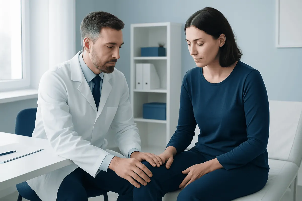 Doctor examining patient's knee in a medical consultation room.