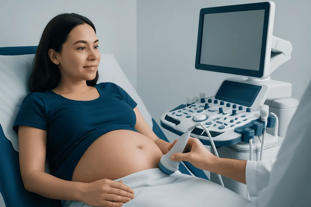 Pregnant woman undergoing ultrasound at a hospital.