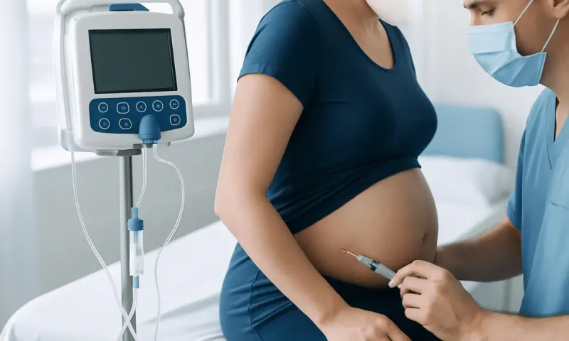 Pregnant woman receiving medical care in hospital with monitor.