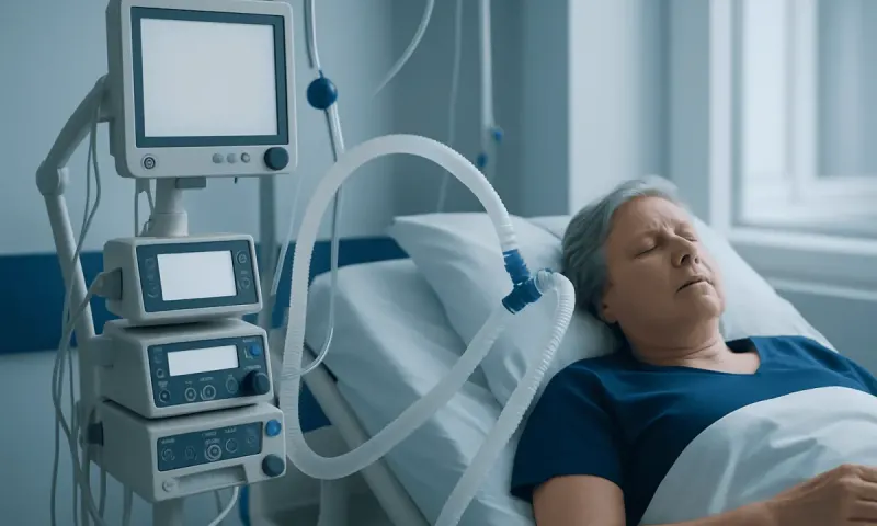 Elderly woman in hospital bed connected to ventilator and monitoring equipment.