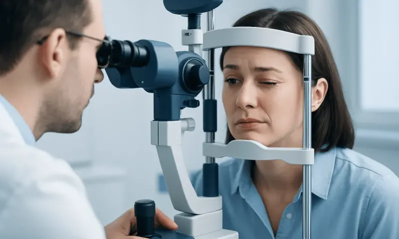 Optometrist examines woman's eye with slit lamp in clinic.
