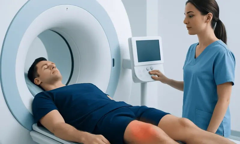 Patient undergoing MRI scan in a medical facility at Acibadem Hospitals Group.
