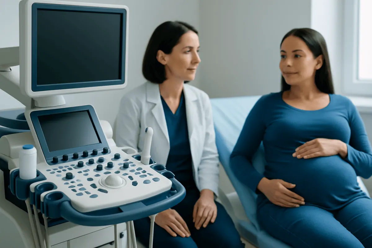 Obstetrician consulting pregnant woman in a medical examination room.
