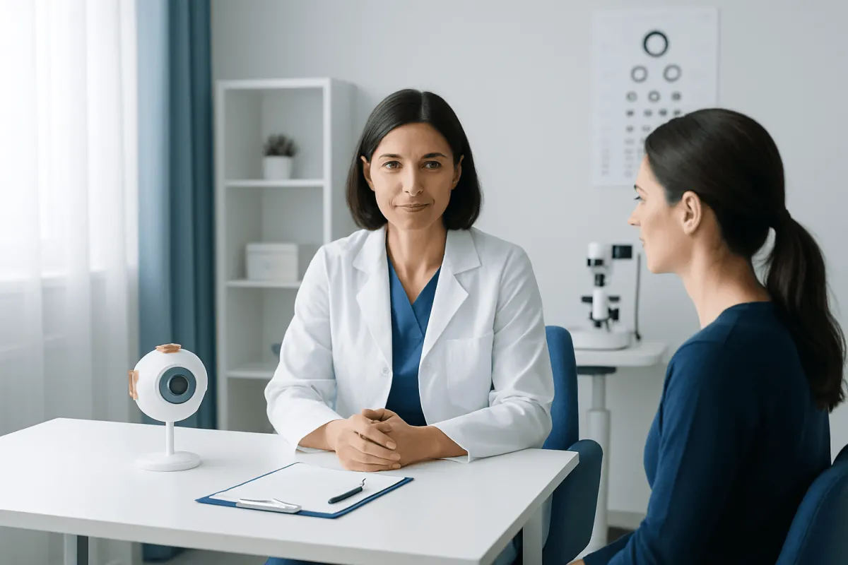 Eye doctor consulting with a patient in a modern clinic setting.