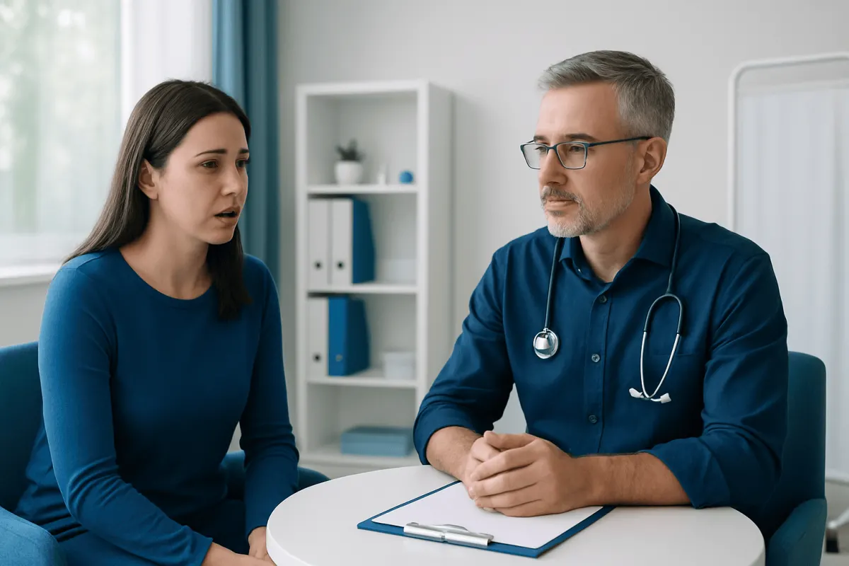 Doctor consulting with a female patient in a medical office.