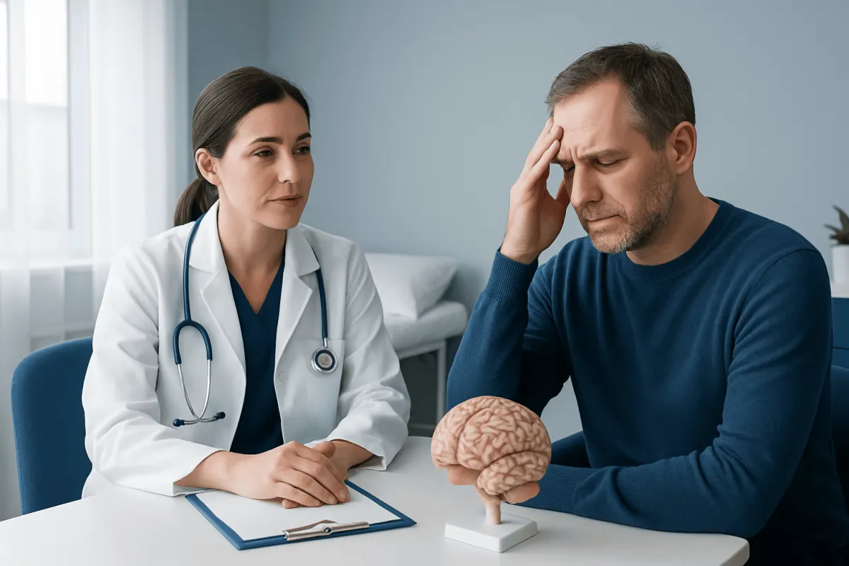 Doctor consulting with patient about brain tumor symptoms and diagnosis.