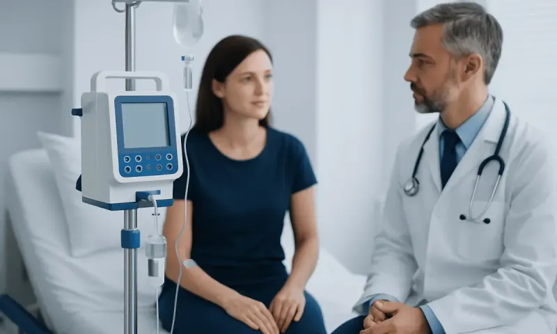 Doctor consulting with a patient in a hospital room with medical equipment.