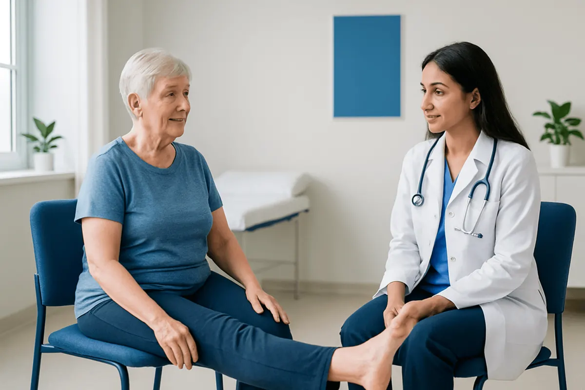 Senior woman during a medical consultation with a healthcare professional.