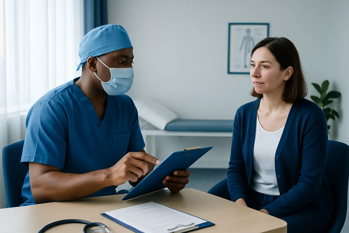 Doctor consulting with patient in a hospital room.
