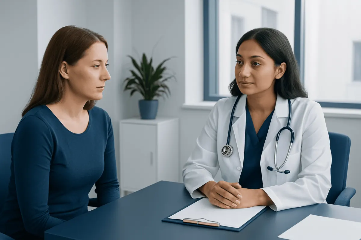 Doctor consulting with a woman patient in a modern clinic setting.