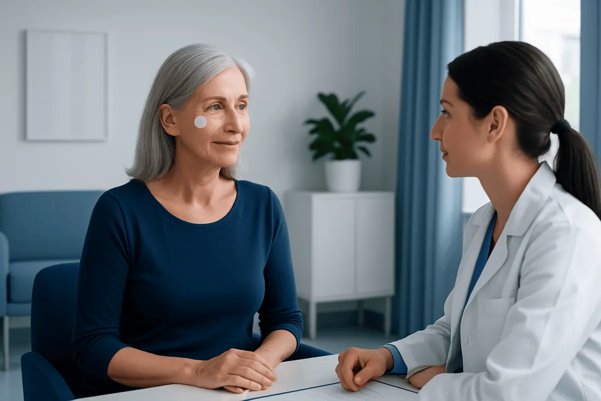 Senior woman consulting with a healthcare professional in a clinic setting.
