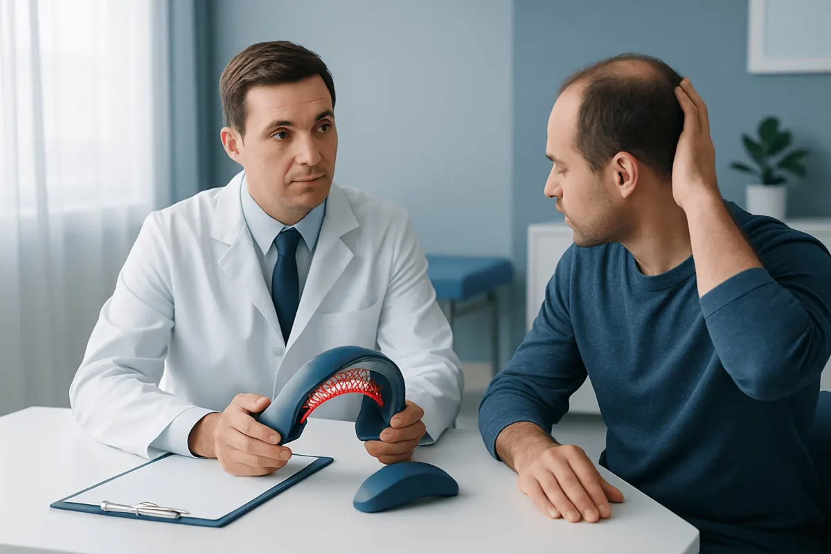 Doctor explaining hair loss treatment options to patient with a model of scalp.