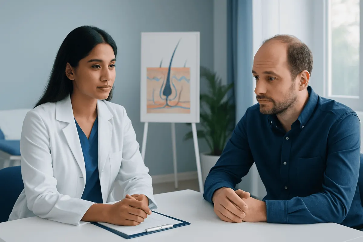 Doctor consulting with a patient about hair health and growth.
