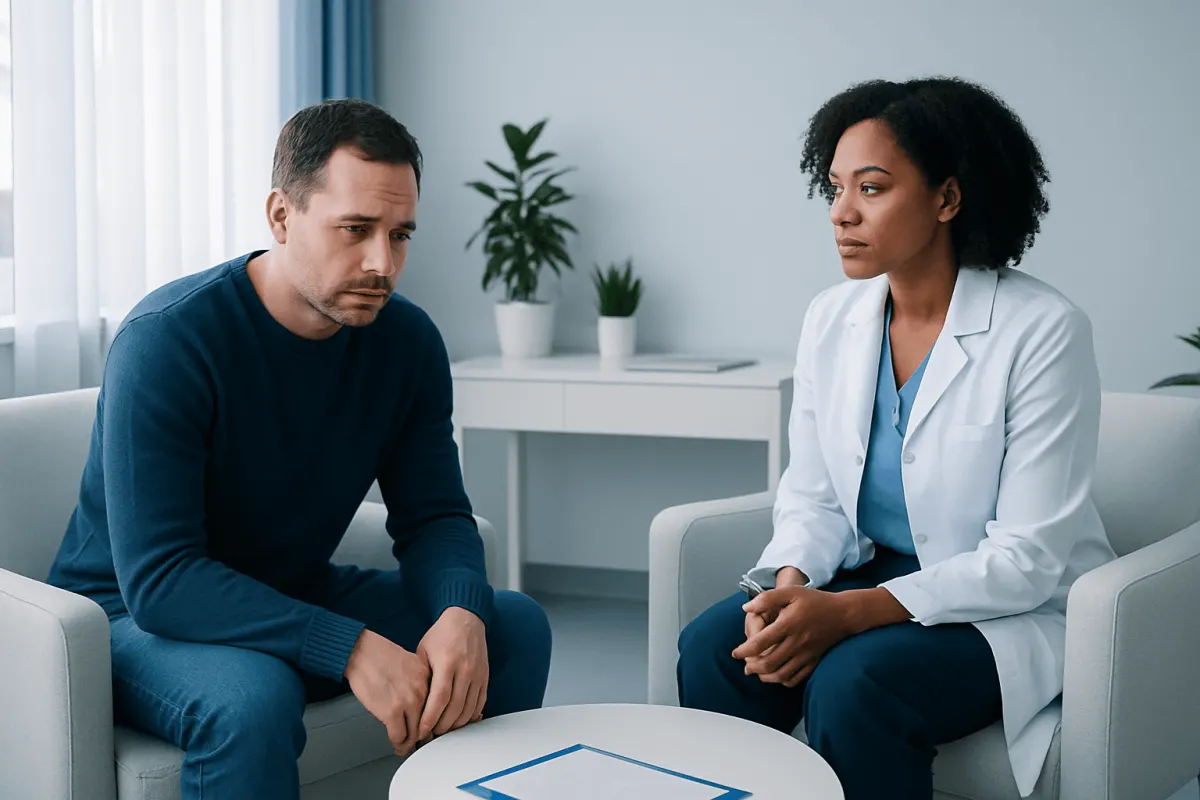 Doctor and patient having a serious consultation in a medical office.
