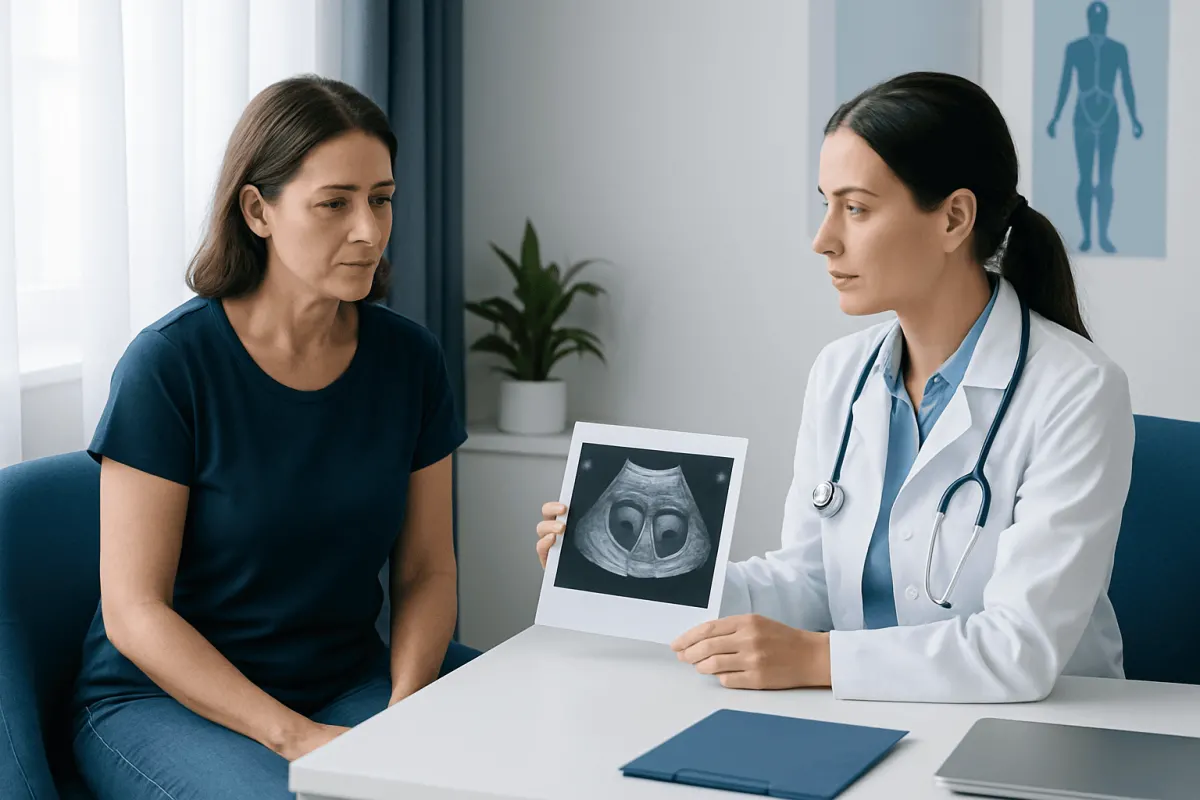 Doctor explaining ovarian ultrasound results to a patient in a clinic setting.