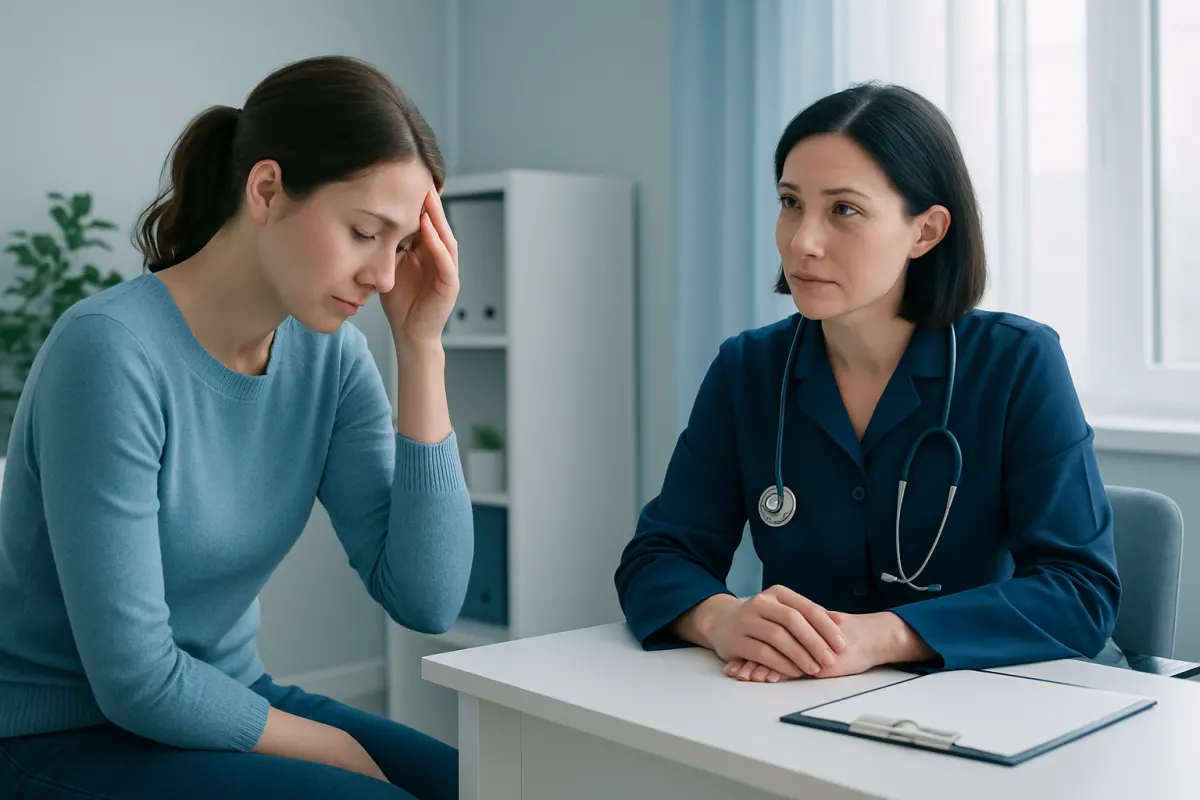 Concerned woman consulting with doctor about health issues in a medical office.