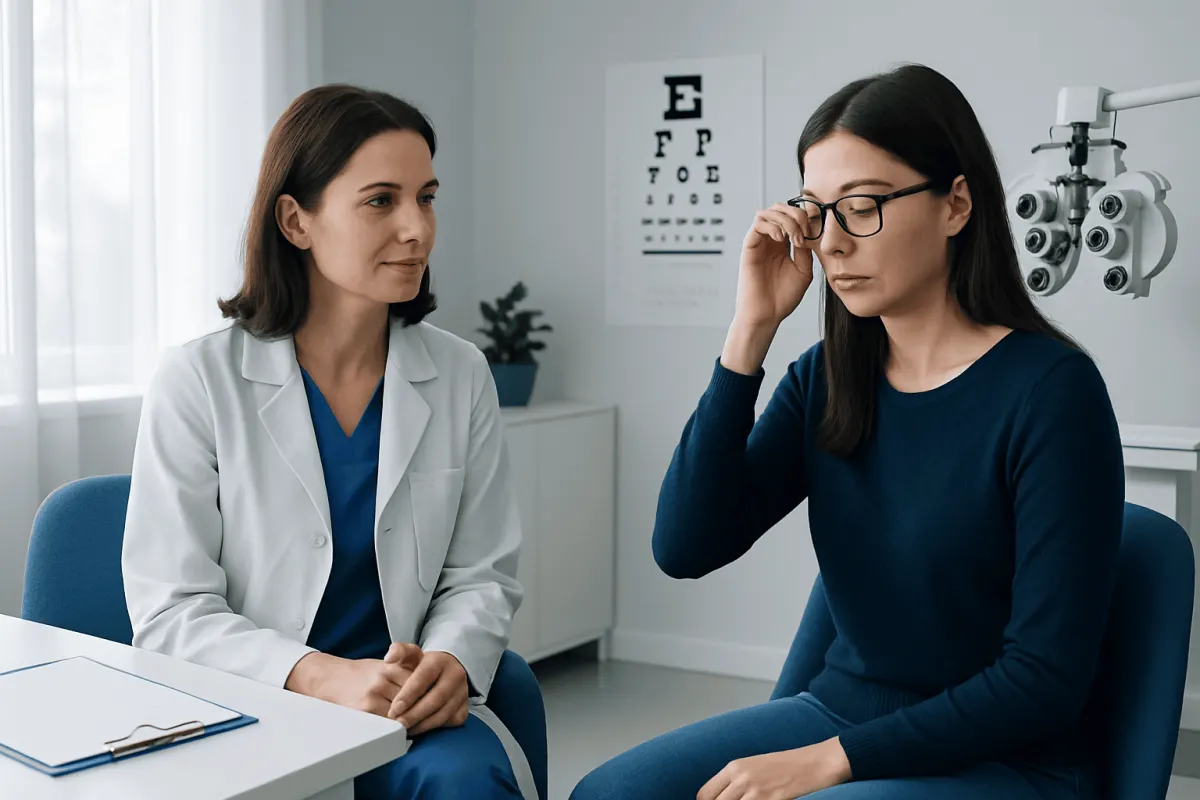 Optometrist conducts eye test for woman wearing glasses in clinic.