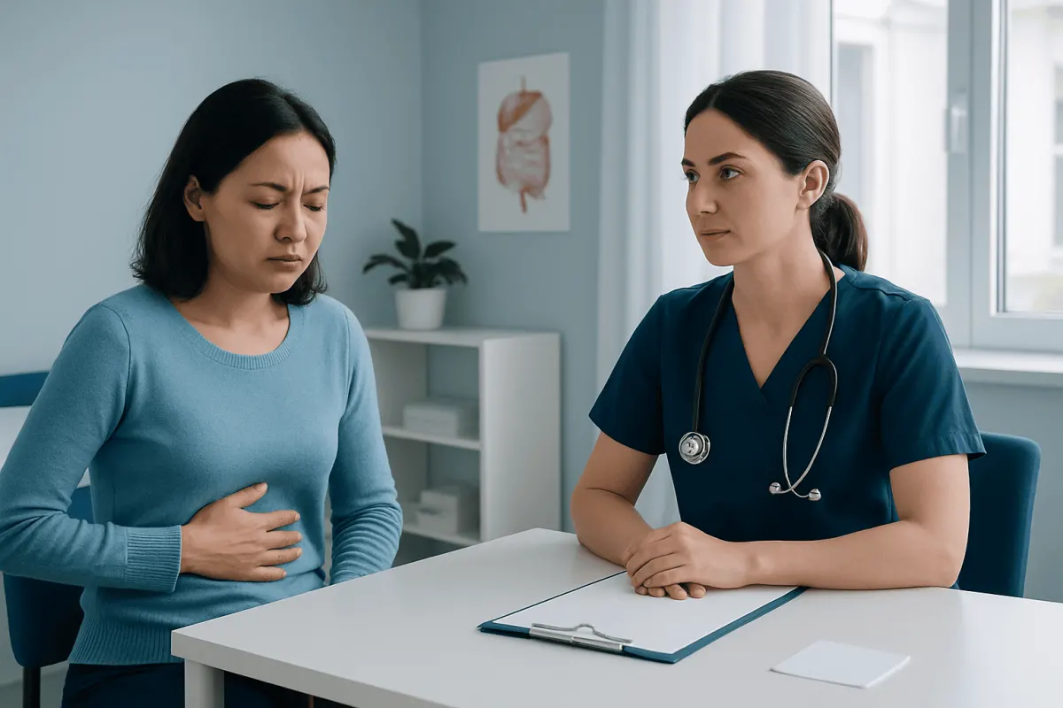 Doctor consulting with a patient experiencing stomach pain in a medical office.