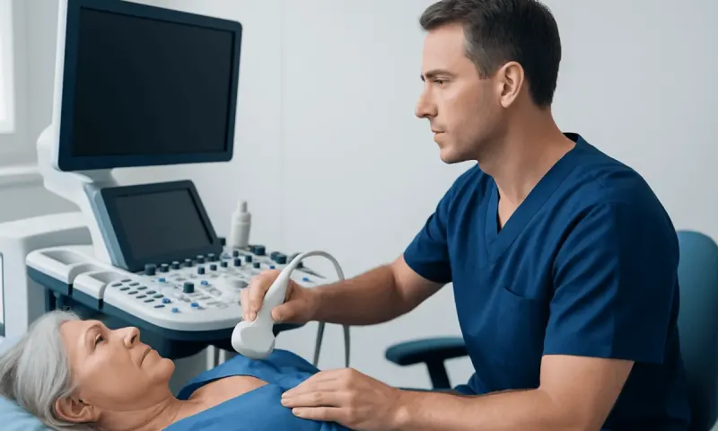 Cardiologist performing an ultrasound on an elderly woman in a medical clinic.