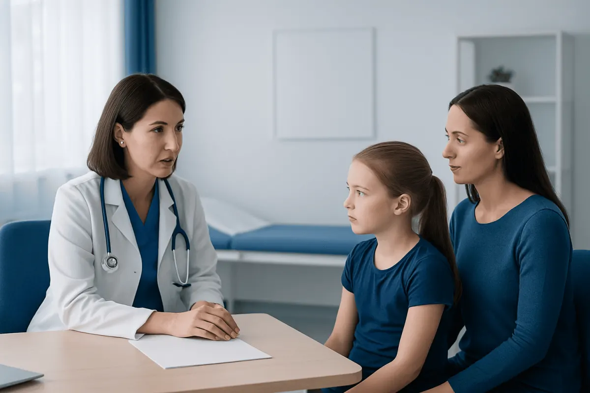 Doctor consulting with mother and daughter in a medical office.