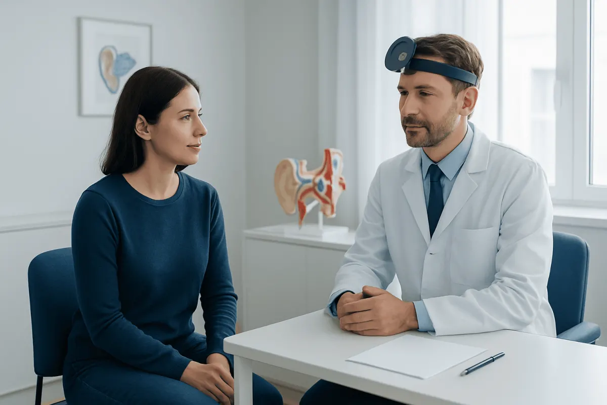 ENT doctor consulting female patient in a medical office.