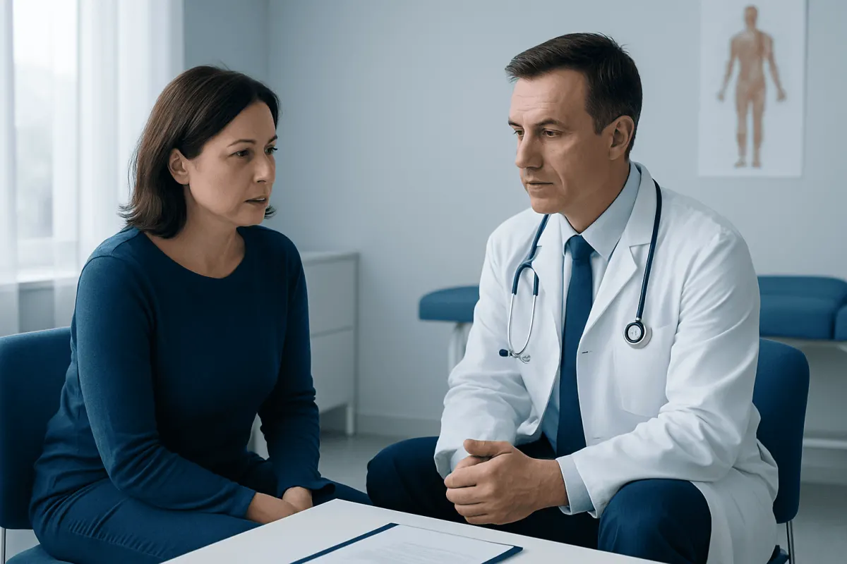 Doctor consulting with a female patient in a medical office setting.