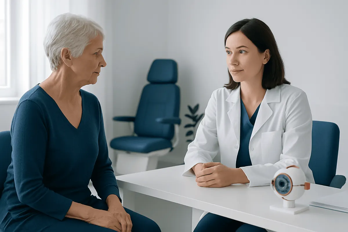 Ophthalmologist consulting elderly patient about eye health in clinic.
