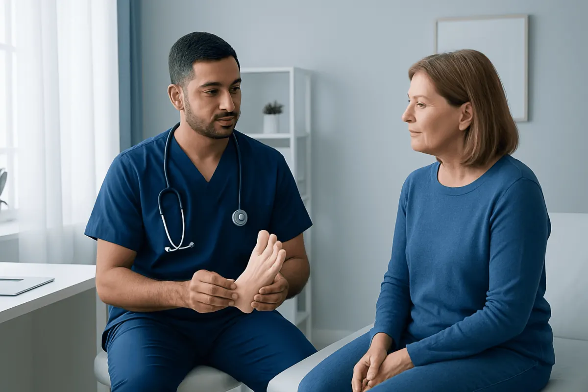 Foot care doctor examining a patient's foot in a clinical setting.