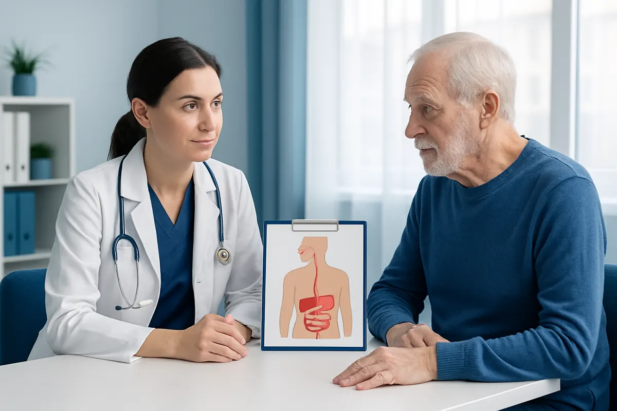 Doctor explaining gastrointestinal system to elderly patient in clinic.
