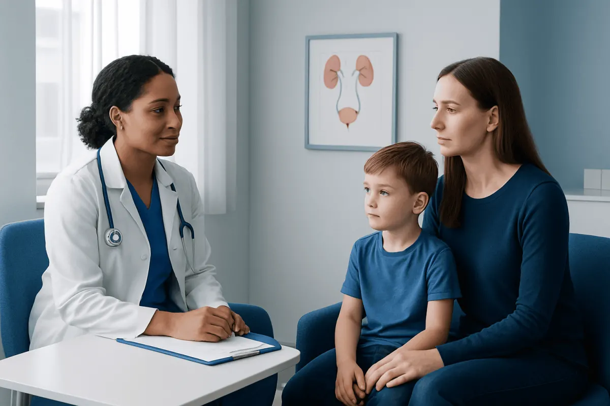 Doctor consulting with a mother and child in a medical office.
