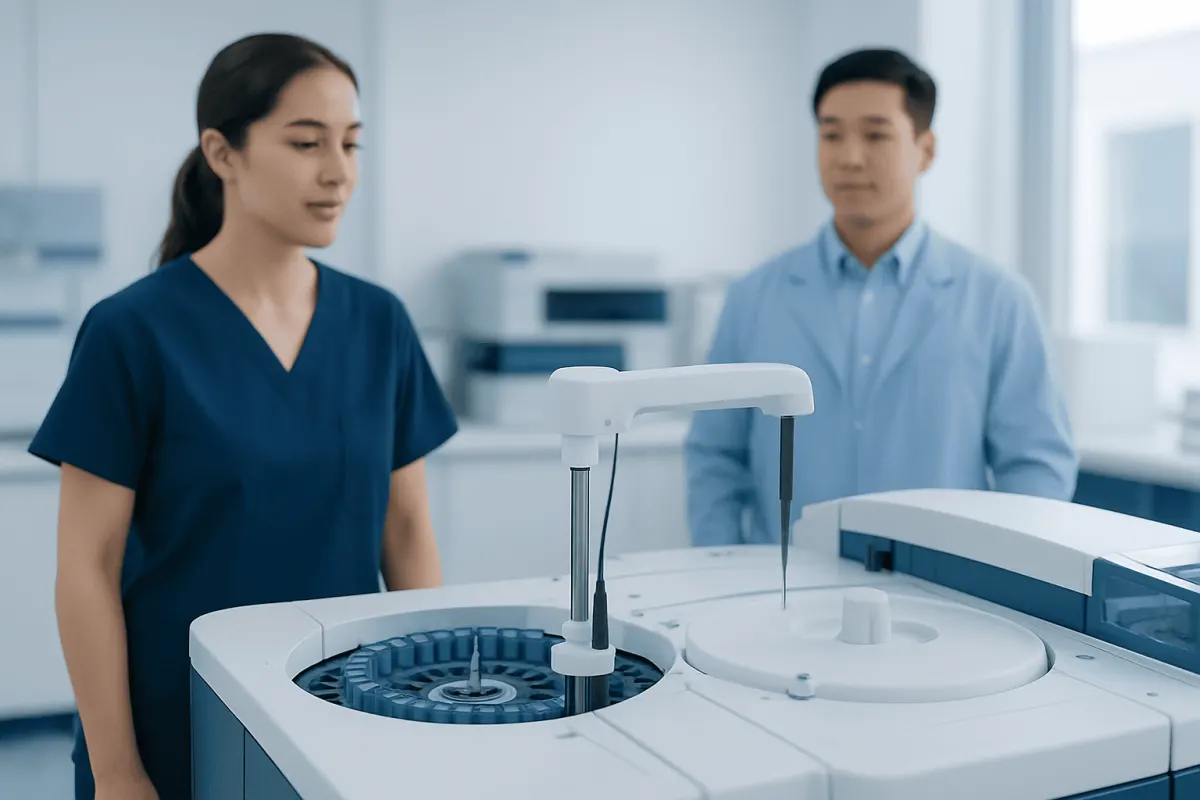 Laboratory technicians operate medical testing equipment at Acibadem Hospitals Group.