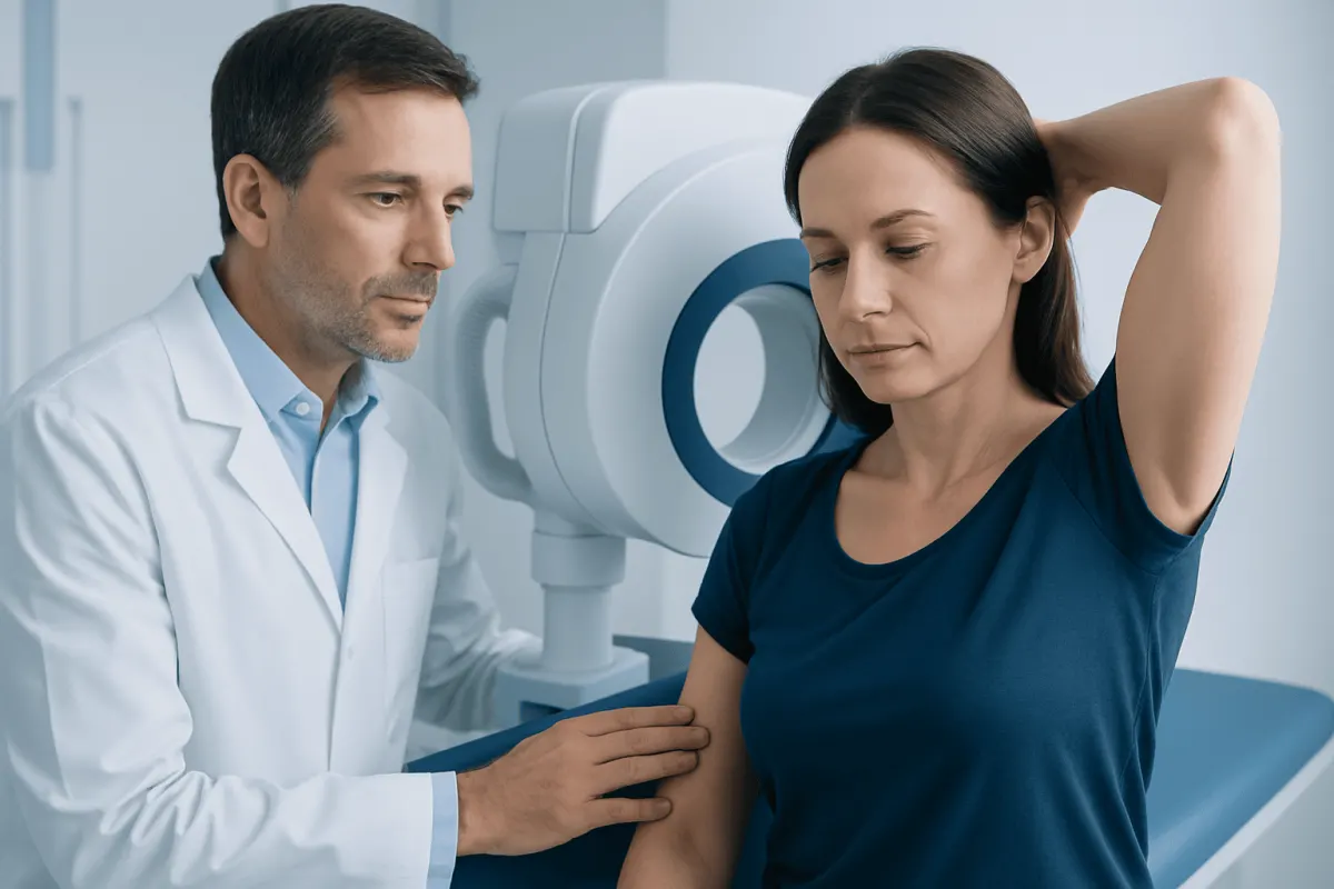 Doctor examining a woman with arm discomfort in a medical clinic.