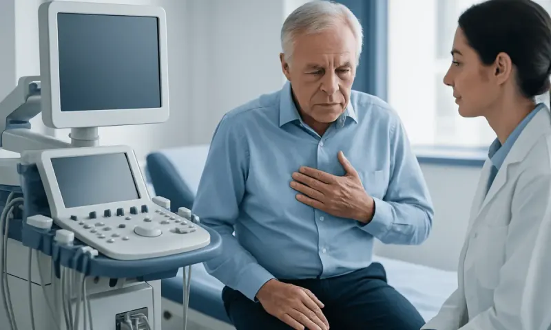Doctor examining a senior male patient with an ultrasound machine in a hospital room.