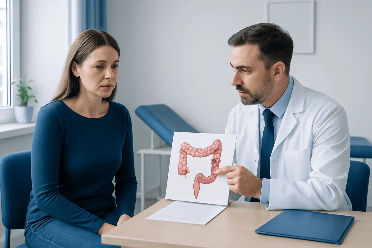 Doctor explaining bowel health to a woman with a model of the digestive system.
