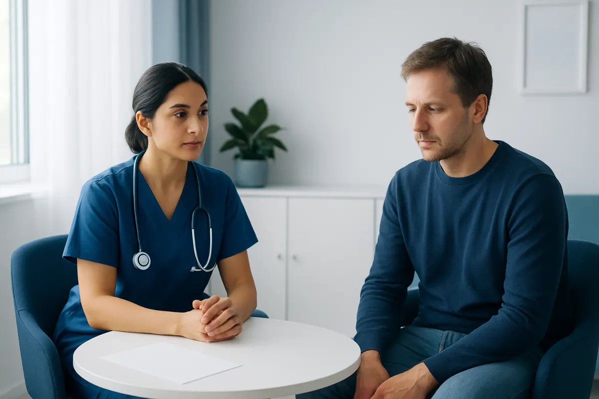 Doctor consulting with male patient in a hospital setting.