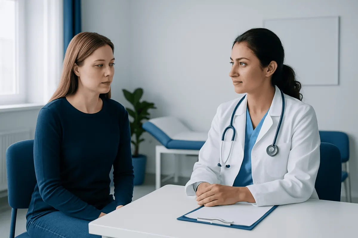 Doctor consulting with a patient in a modern medical office.