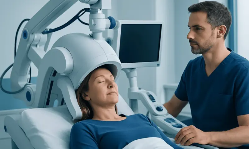 Patient undergoing a neurological examination with advanced medical equipment at Acibadem Hospital.