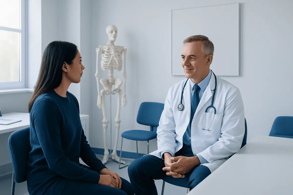 Doctor consulting with a patient in a modern hospital room.