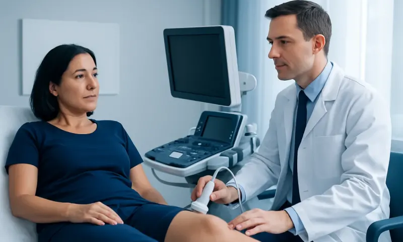 Doctor performing ultrasound on patient's leg in a medical clinic.