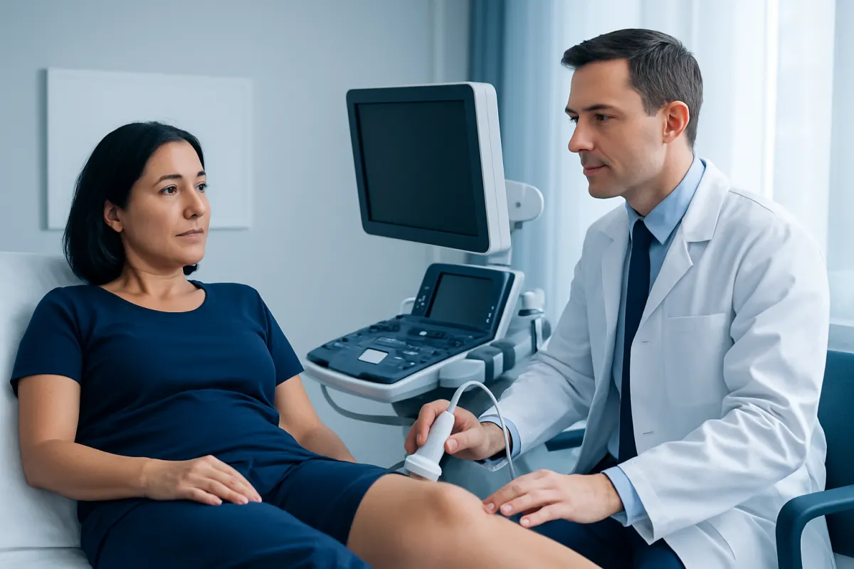 Doctor performing ultrasound on patient's leg in a medical clinic.