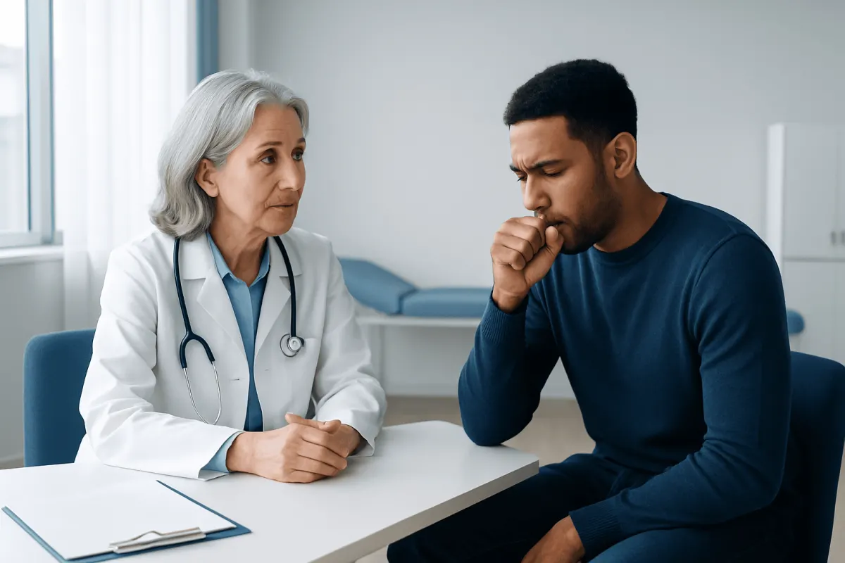 Doctor consulting with a young man about health concerns in a medical office.