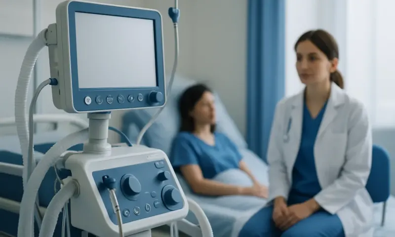Medical monitor in hospital room with patient and doctor.