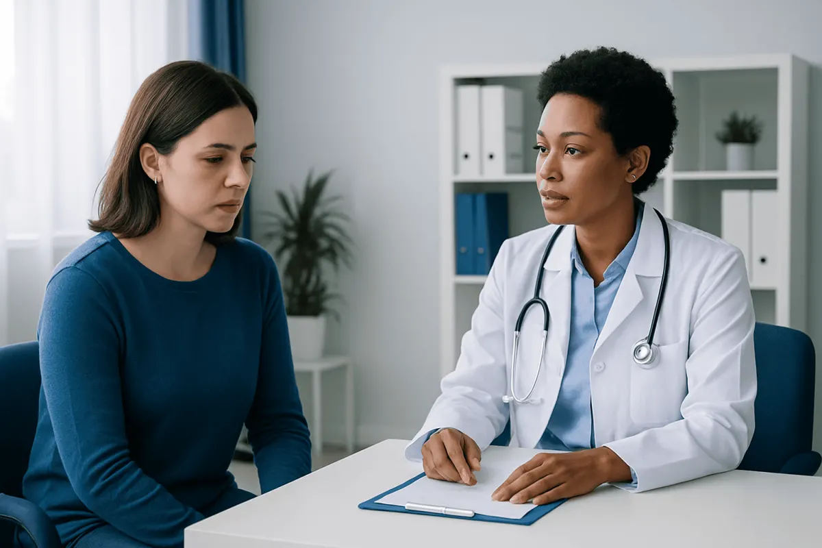 Doctor consulting with a patient about health concerns in a modern clinic.