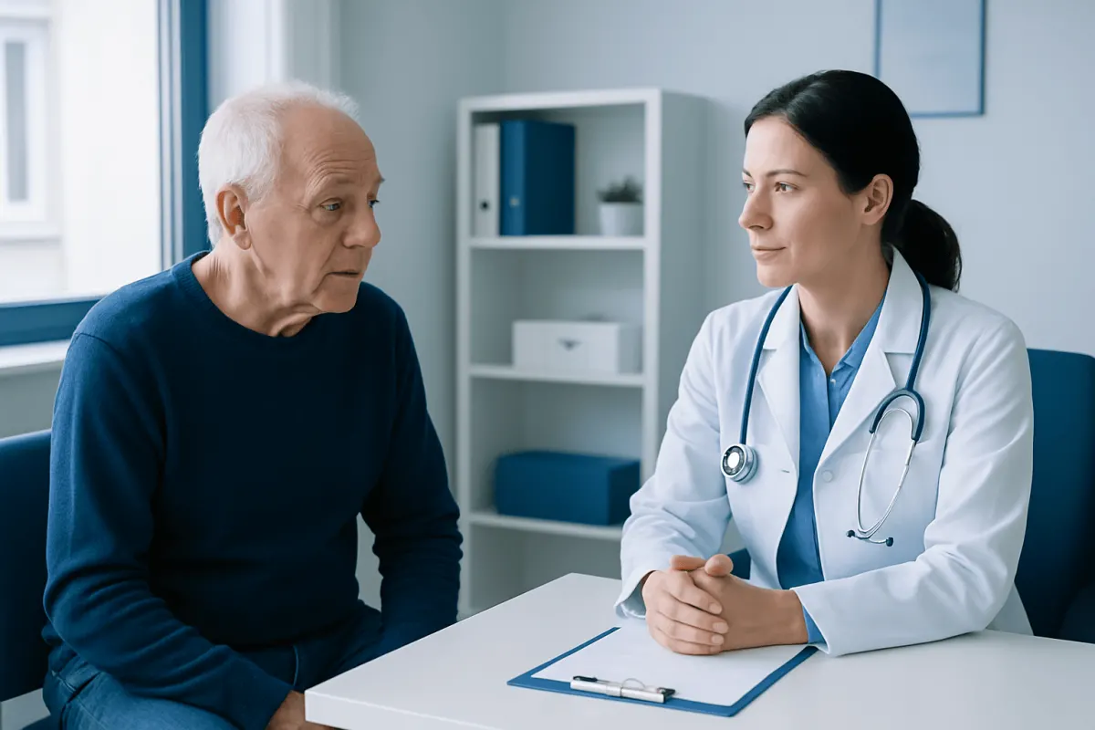 Doctor consulting with elderly patient in a medical office.