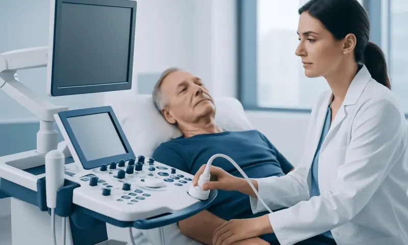 Doctor performing ultrasound on elderly patient in hospital.
