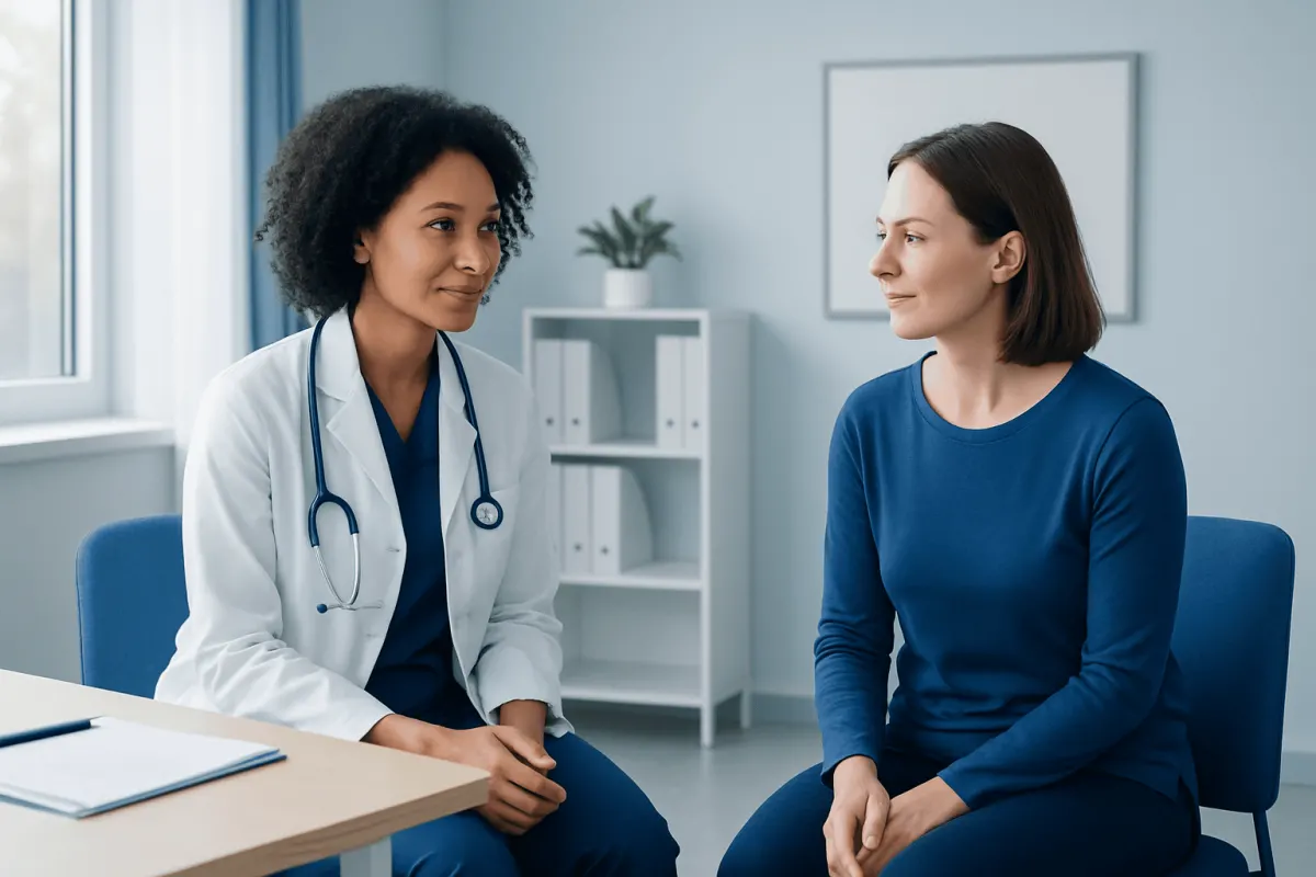 Doctor consulting with a female patient in a modern clinic setting.
